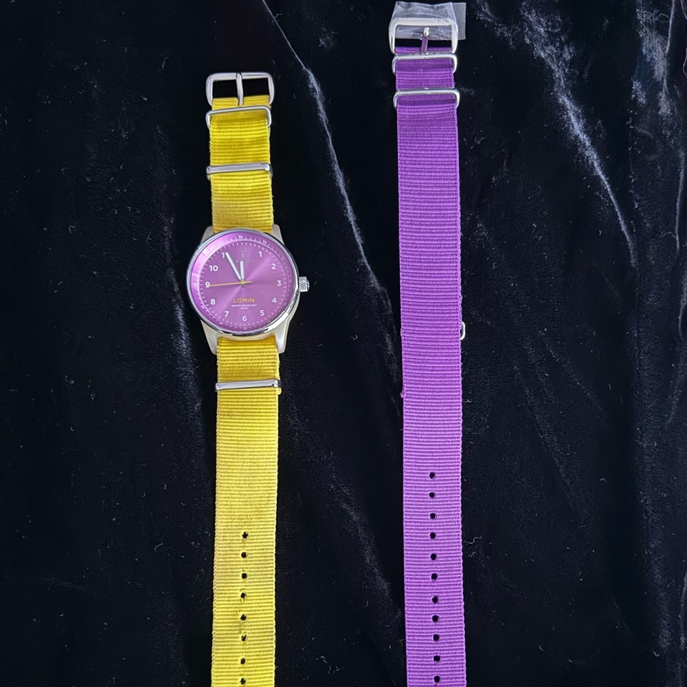 Triwa Lomin Watch with Interchangeable Yellow and Purple Fabric Straps